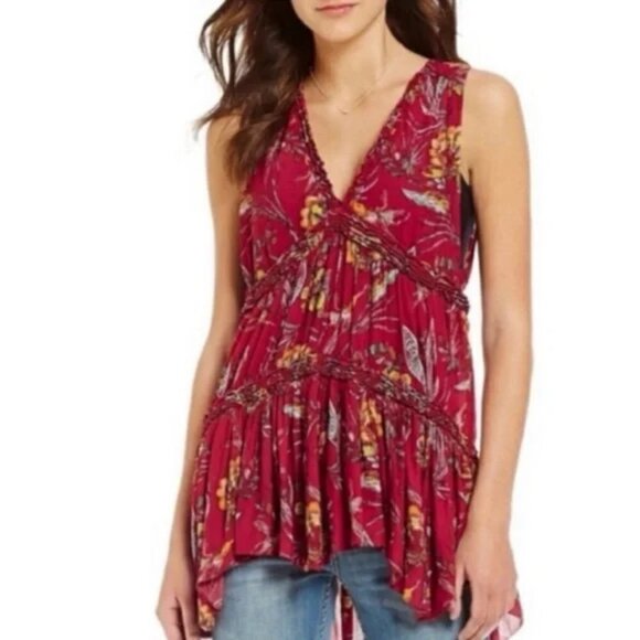 Free People Raspberry Haze Tunic Tank Top- Floral Hummingbird - Picture 1 of 13
